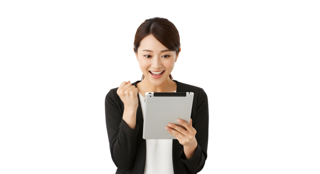 Excited young asian businesswoman celebrates success with tablet computer screen an expression of triumph joy and achievement while viewing digital content on her device a positive reaction to good - Powered by Adobe