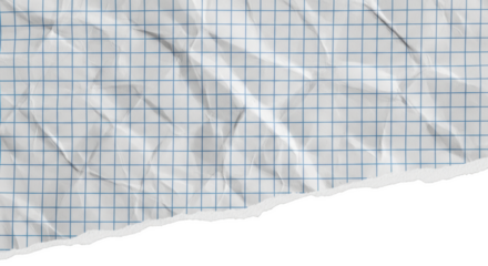 Crumpled white graph paper with blue grid lines and torn edge isolated on a transparent background blue lines