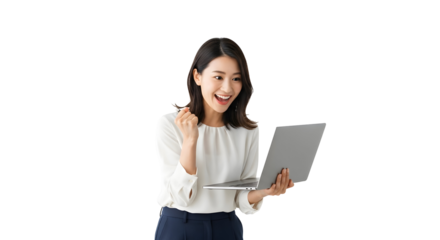 Enthusiastic young asian businesswoman joyfully celebrates success with a laptop and a pen feeling triumphant achieving her business goals and career milestones showing a happy cheerful expression