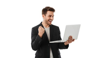 Happy successful businessman celebrates online achievement with laptop triumph young professional exulting over digital victory joyous male entrepreneur receiving good news