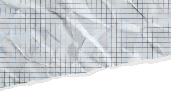 Crumpled white graph paper with blue grid lines and torn edge isolated on a transparent background blue lines - Powered by Adobe