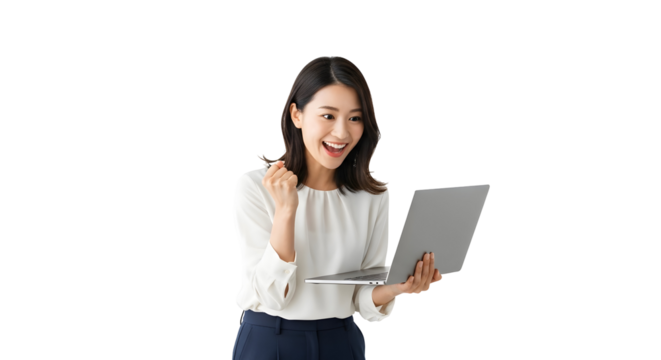 Enthusiastic young asian businesswoman joyfully celebrates success with a laptop and a pen feeling triumphant achieving her business goals and career milestones showing a happy cheerful expression