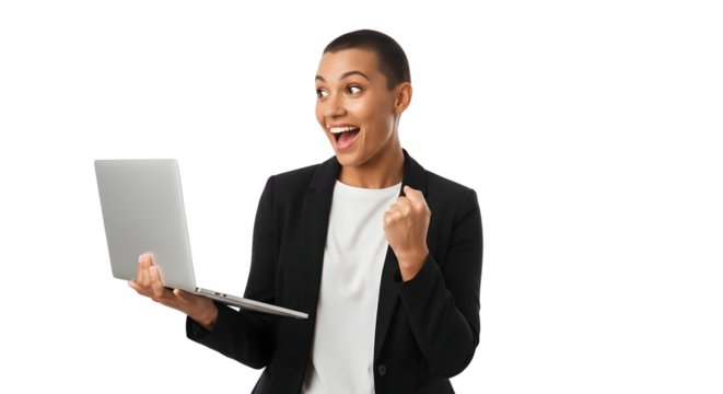 Excited young businesswoman with a buzz cut haircut celebrating online success holding a laptop and making a fist expressing joy and triumph from digital achievements