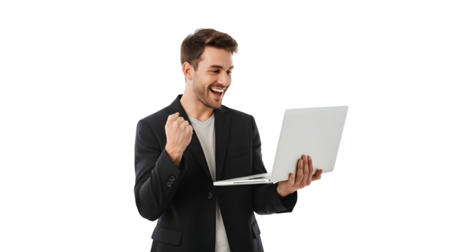 Happy successful businessman celebrates online achievement with laptop triumph young professional exulting over digital victory joyous male entrepreneur receiving good news