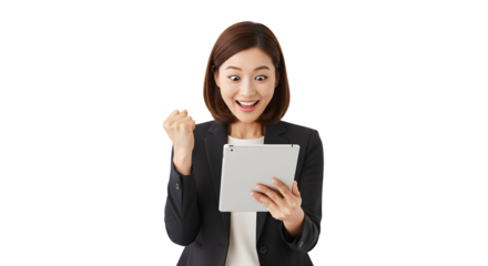 Excited successful Asian businesswoman celebrates digital triumph achievement while happily looking at her tablet with a surprised and joyful expression and clenching a fist for victory