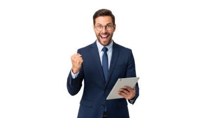 Successful male professional celebrating triumph holding modern digital tablet showing immense joy with a cheerful expression and an enthusiastic winning fist gesture