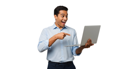 Joyful young professional man pointing to a silver laptop screen expressing surprise and excitement at new digital content innovation demonstrating modern technology connection