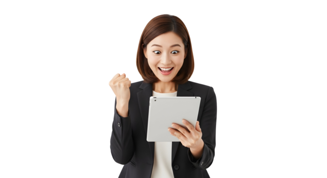 Excited successful Asian businesswoman celebrates digital triumph achievement while happily looking at her tablet with a surprised and joyful expression and clenching a fist for victory