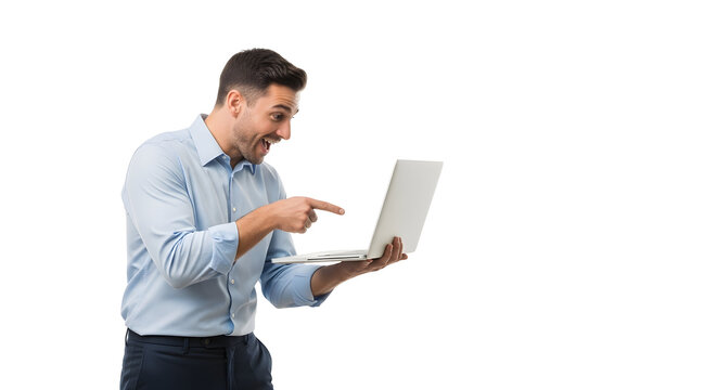 Excited young man pointing at his white laptop screen showcasing an amazing digital discovery or engaging online content with a surprised and happy expression representing modern technology and