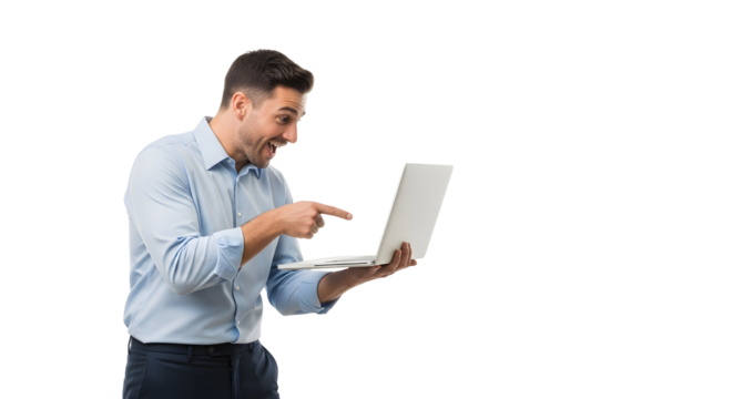 Excited young man pointing at his white laptop screen showcasing an amazing digital discovery or engaging online content with a surprised and happy expression representing modern technology and