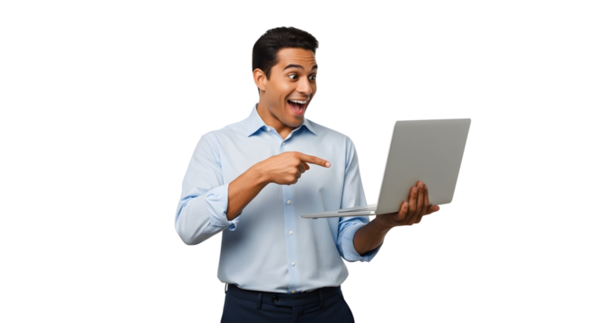 Joyful young professional man pointing to a silver laptop screen expressing surprise and excitement at new digital content innovation demonstrating modern technology connection