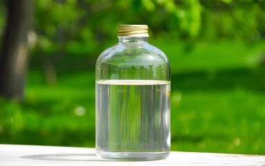 Clear glass bottle filled with fresh clean water placed outdoors in bright natural sunlight with green background for purity wellness concepts