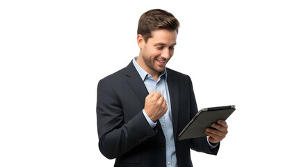 Successful businessman celebrating achievement with digital tablet looking at screen feeling happy and excited about good news and financial growth with positive emotional display