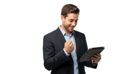 Successful businessman celebrating achievement with digital tablet looking at screen feeling happy and excited about good news and financial growth with positive emotional display