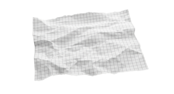 Crumpled white graph paper with torn edges and grid lines isolated on a transparent background image