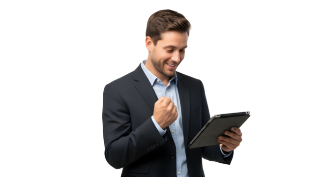 Successful businessman celebrating achievement with digital tablet looking at screen feeling happy and excited about good news and financial growth with positive emotional display