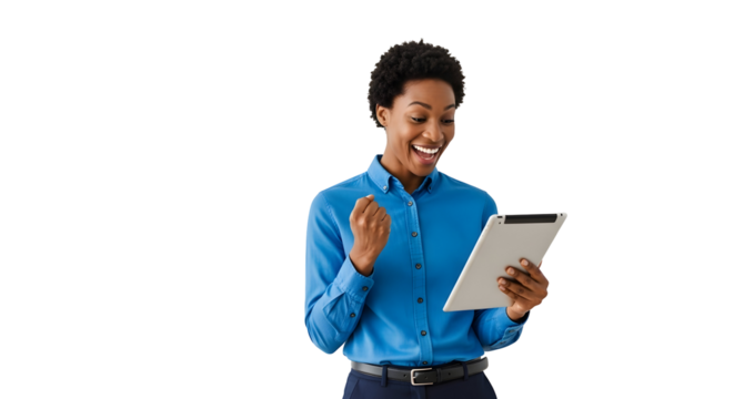 Joyful successful African American business professional woman celebrates online achievement looking at her tablet screen expressing happiness and victory