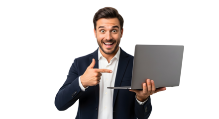 Dynamic professional man enthusiastically presenting a modern gray laptop computer showcasing innovation and digital solutions with a wide eyed expression of genuine excitement and cheerful surprise