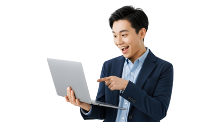 Young Asian professional expresses genuine excitement and surprise pointing at a sleek modern laptop screen conveying happiness success and digital discovery a captivating moment of joyful