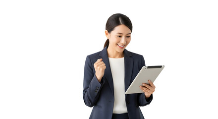 Successful Asian businesswoman achieving triumph with digital tablet happy professional female celebrating corporate success in a tech-driven world making progress
