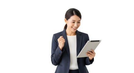 Successful Asian businesswoman achieving triumph with digital tablet happy professional female celebrating corporate success in a tech-driven world making progress