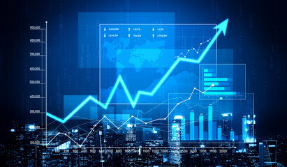 A modern financial growth illustration featuring dynamic graphs and digital data representation over a city skyline, showcasing market trends and analysis insights. Scalp