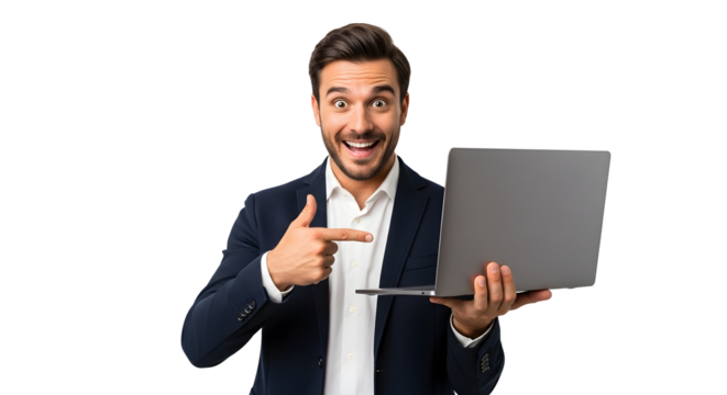Dynamic professional man enthusiastically presenting a modern gray laptop computer showcasing innovation and digital solutions with a wide eyed expression of genuine excitement and cheerful surprise