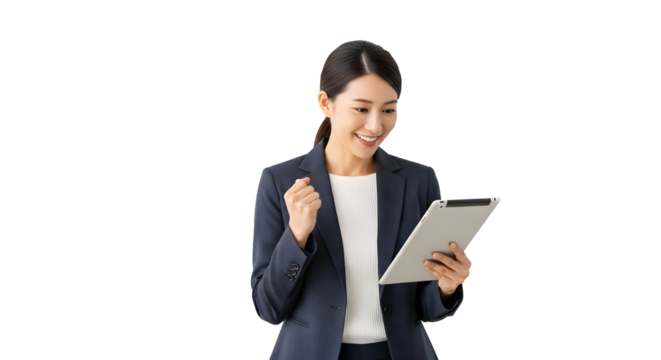 Successful Asian businesswoman achieving triumph with digital tablet happy professional female celebrating corporate success in a tech-driven world making progress