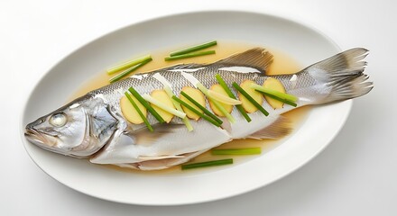 Steamed Fish with Ginger and Scallions on White Plate.