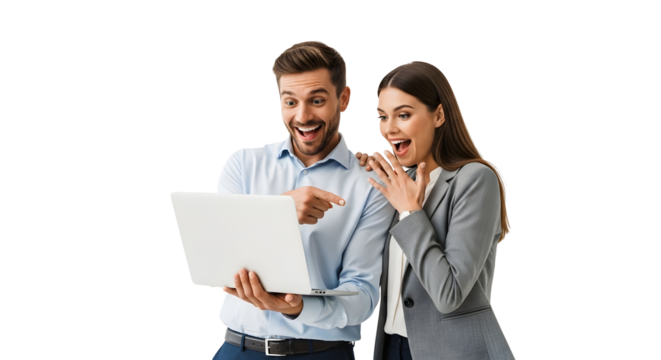 Excited business professionals celebrating digital success with a laptop an energetic duo sharing surprising online achievement and joyful discovery through teamwork and technology
