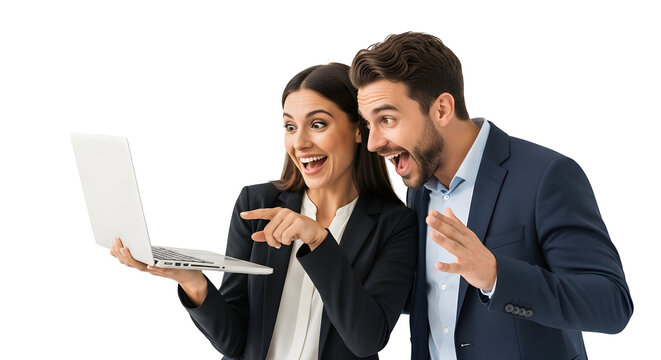 Excited diverse business professionals happily surprised by amazing online discovery on a modern laptop screen achieving digital success through collaborative teamwork and shared happy amazement