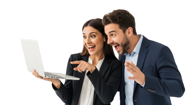 Excited diverse business professionals happily surprised by amazing online discovery on a modern laptop screen achieving digital success through collaborative teamwork and shared happy amazement - Powered by Adobe