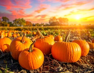 A vibrant sunset paints the sky over a pumpkin patch during autumn. Bright orange pumpkins dot the field, ready for harvest