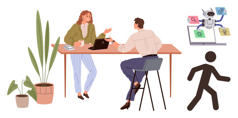 Two professionals collaborate at a desk with a laptop, discussing AI and automation, represented by robot icons and a laptop screen. Ideal for technology, teamwork, innovation, workplace, AI