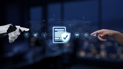 A captivating blend of robotics and human interaction showcases a digital security concept for data management. Ideal for illustrating modern technology themes. Synapse