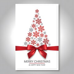 Elegant Christmas greeting card with red ribbon, snowflake tree design, festive winter holiday artwork for celebrations, invitations, decoration, printing, and gifting