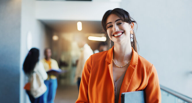 Portrait, student or woman in college with tablet for fashion degree, academic growth or creativity. Happy, person or scholar in university with tech for design course, knowledge or higher education.