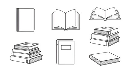 Collection of assorted book icons depicting open, closed, and stacked arrangements