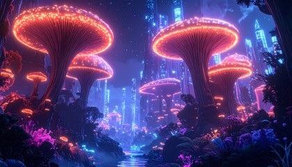 Vibrant Fantasy Mushroom Forest with Glowing Neon Lights and Mystical Atmosphere.
