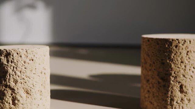 Two cylindrical, textured objects with soft lighting and shadows. The background is a blurred neutral palette