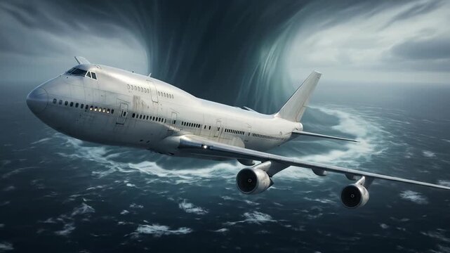 A large commercial airplane flying through a stormy sky with turbulent clouds and a swirling weather pattern in the background