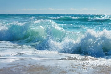 Fototapeta premium Crashing Waves on Sandy Beach - Turquoise Water and White Foam.
