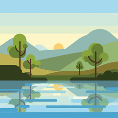Obraz premium Serene landscape illustration with tranquil lake and mountain views