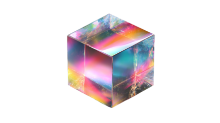 Iridescent geometric cube isolated on transparent background