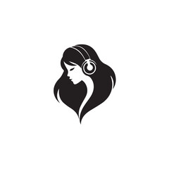 Black Vector Illustration of Woman Wearing Headphone in Clean Minimal Style on White Background