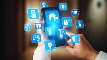 Home security icons show smart home, surveillance, and safety devices. Home security ensures...