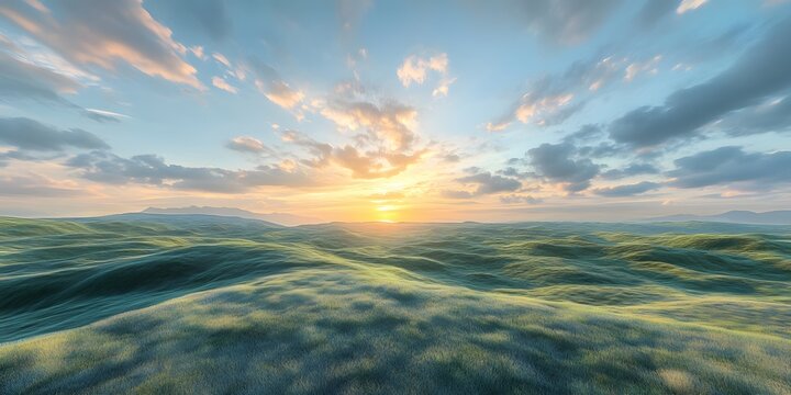 Serene 3D rendered landscape of rolling grassy hills resembling waves, bathed in the warm, soft light of a sunrise or sunset under a vast sky.
