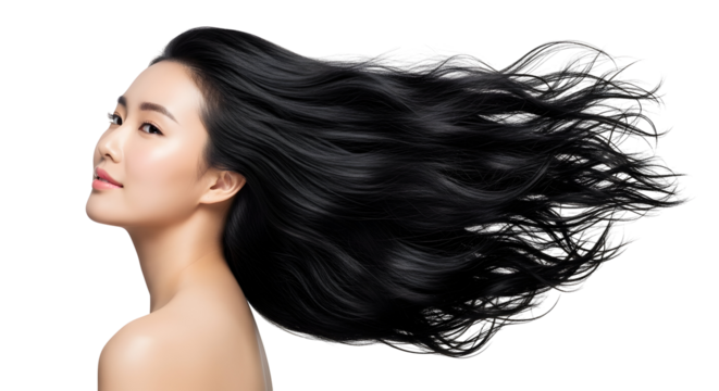 Gorgeous Asian woman with long luxurious black hair dramatically flowing showcasing incredible health shine and strength in a captivating studio portrait highlighting stunning dark tresses