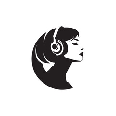 Black Vector Illustration of Woman Wearing Headphone in Clean Minimal Style on White Background