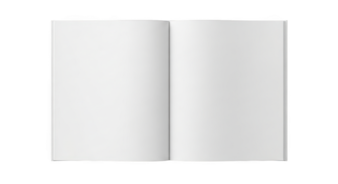 Open blank white notebook with clean pages and light grey spine isolated on a transparent background